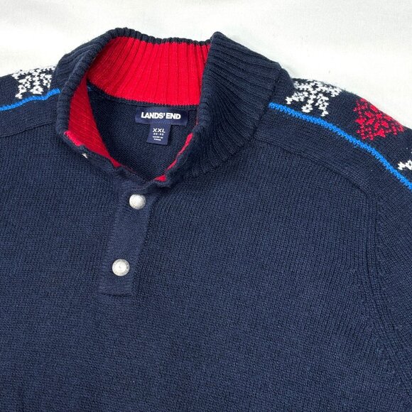 Lands End Wool Blend Fair Isle Nordic Snowflake 1/4 Button Knit Sweater Mens XL - Picture 4 of 11